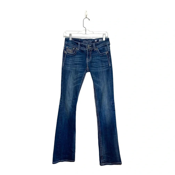 Miss Me Boot Cut Dark Wash Low Rise Rhinestone Pocket Jeans 28 Women’s - Picture 1 of 14